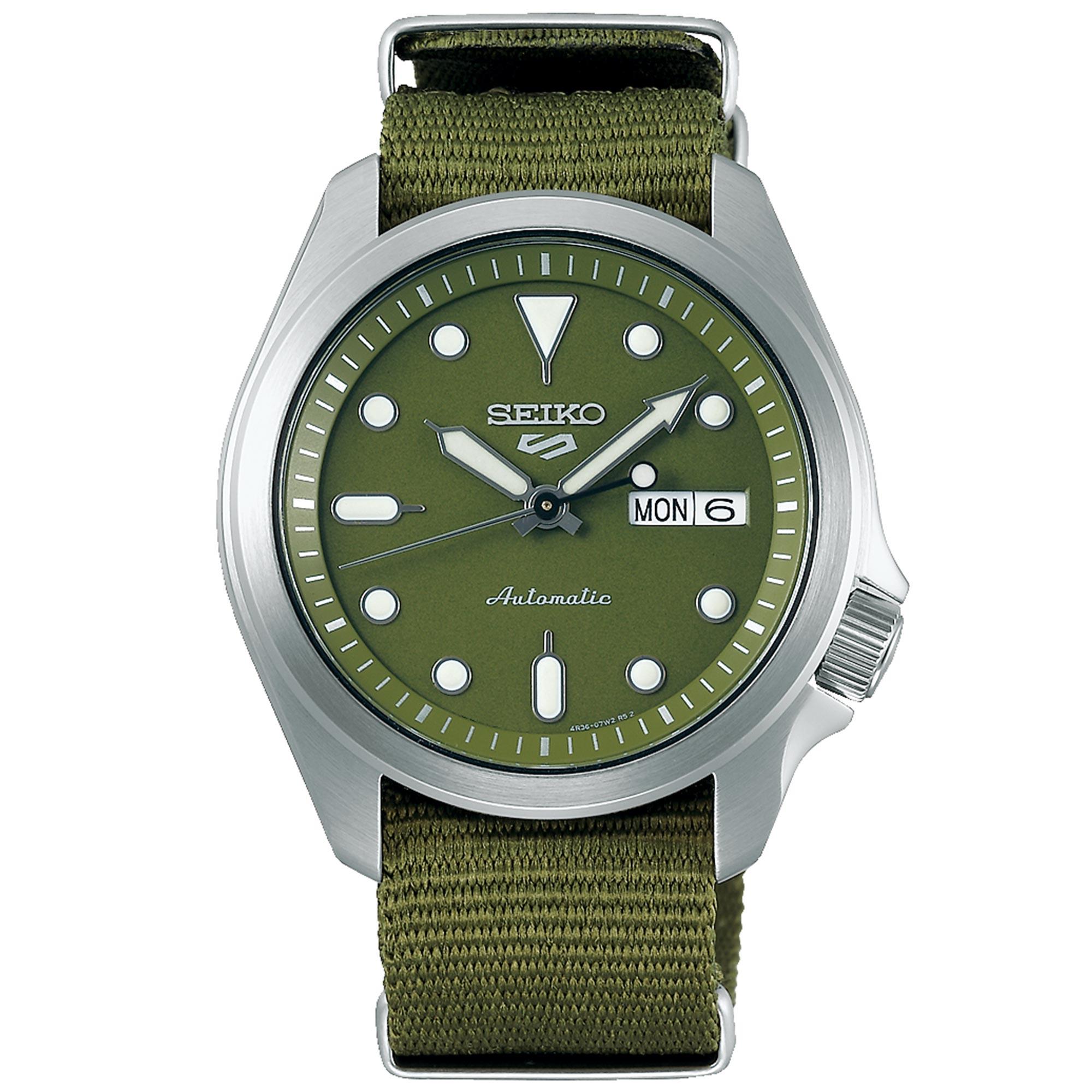 Men's Seiko 5 Sports automatic watch featuring a 40mm green dial, silver-tone case, white hour markers, and a durable green nylon strap.
