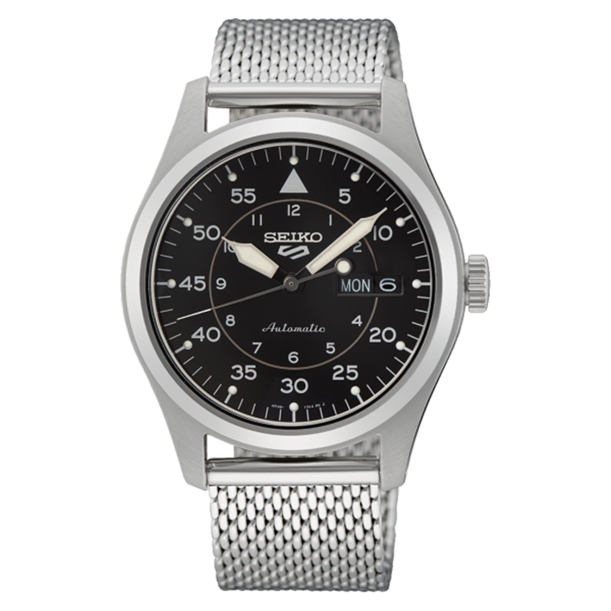 Seiko 5 Sports SRPH25K1 men's automatic watch features a 39.4mm silver stainless steel case, black dial, luminous hands, and a mesh bracelet.