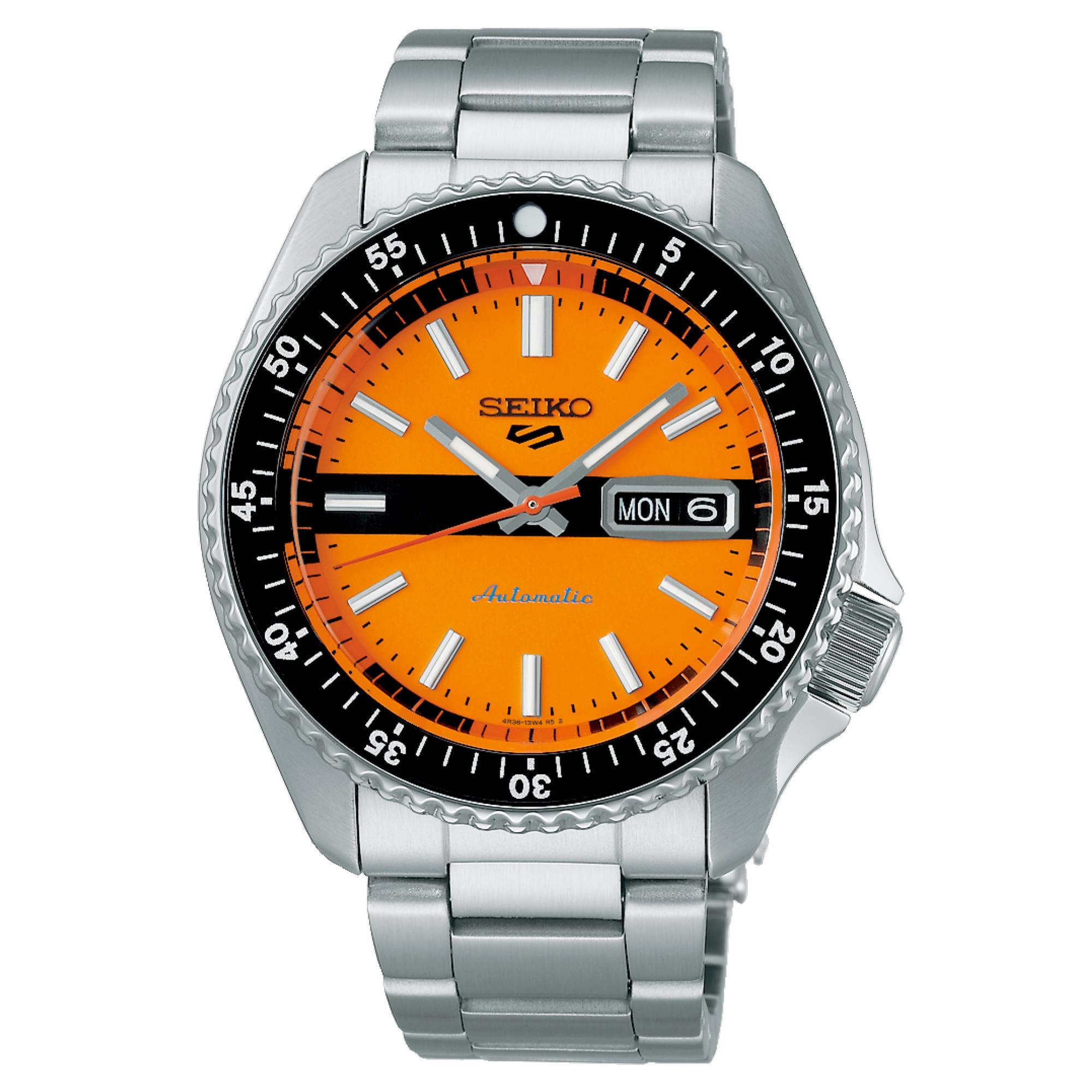 Seiko 5 Sports SRPK11K1 features a vibrant orange dial with black accents, a stainless steel bracelet, and a day-date display, all in a 42.5mm case.