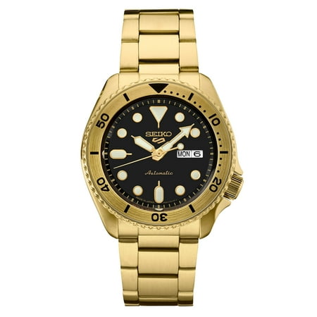 Seiko Seiko 5 Sports SRPK18 Men's Automatic Gold-Tone Watch – 42.5mm Black Dial Steel Bracelet
