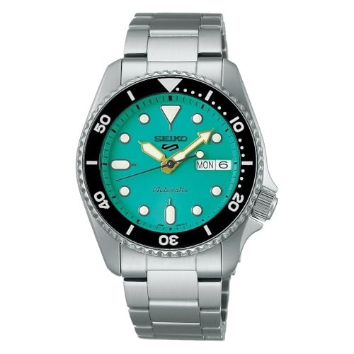 Men's Seiko 5 Sports watch featuring a 38mm stainless steel case, teal dial with luminous markers, black bezel, and a steel bracelet.