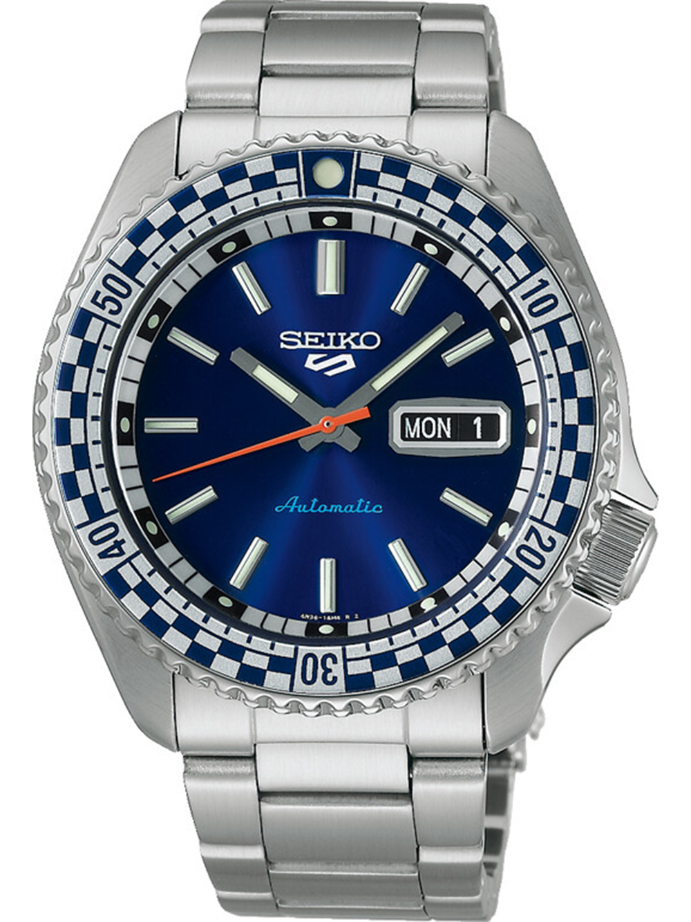 Seiko 5 Sports SKX Series watch features a petrol blue dial, stainless steel case, checker flag bezel, and a day-date display with automatic movement.