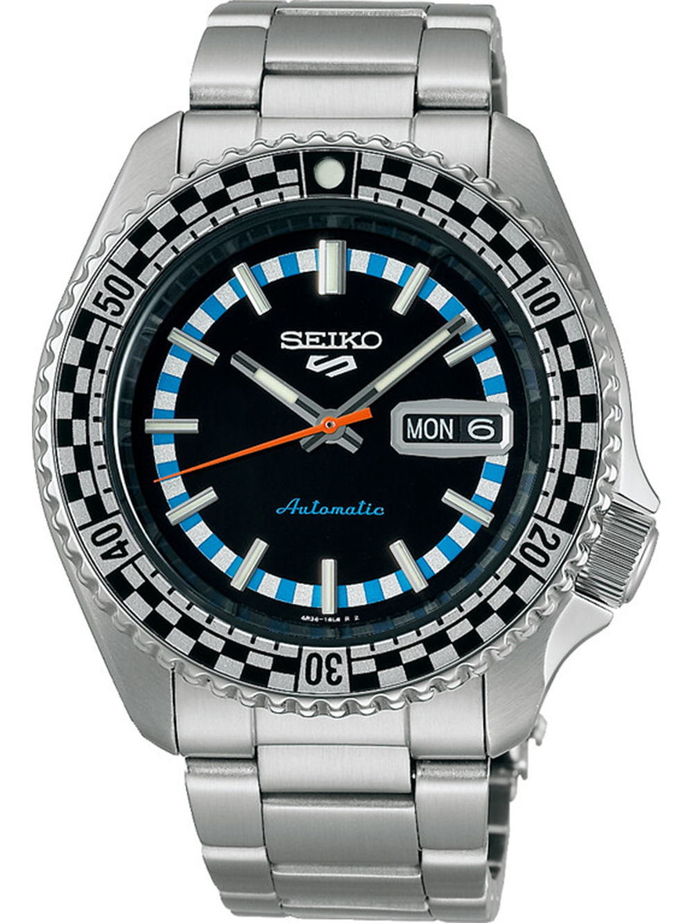 Seiko 5 Sports SKX Series SRPK67K1 features a black dial with checker flag bezel, blue accents, stainless steel bracelet, and day-date display, water-resistant up to 100M.