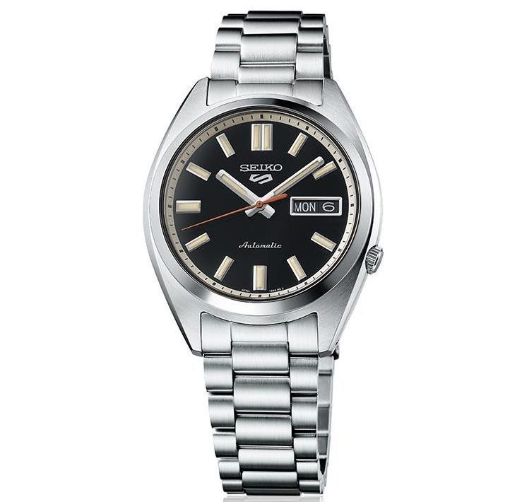 Seiko 5 SNXS Sports SRPK89K features a black dial with silver-tone hour markers, a stainless steel case, and a matching bracelet, showcasing a classic automatic design with day-date display.