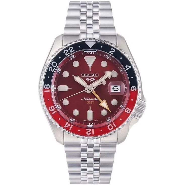 Seiko 5 Sports Automatic GMT watch with a Passion Red dial, stainless steel case and bracelet, black and red bezel, and date display at 3 o'clock, limited to 1000 pieces.