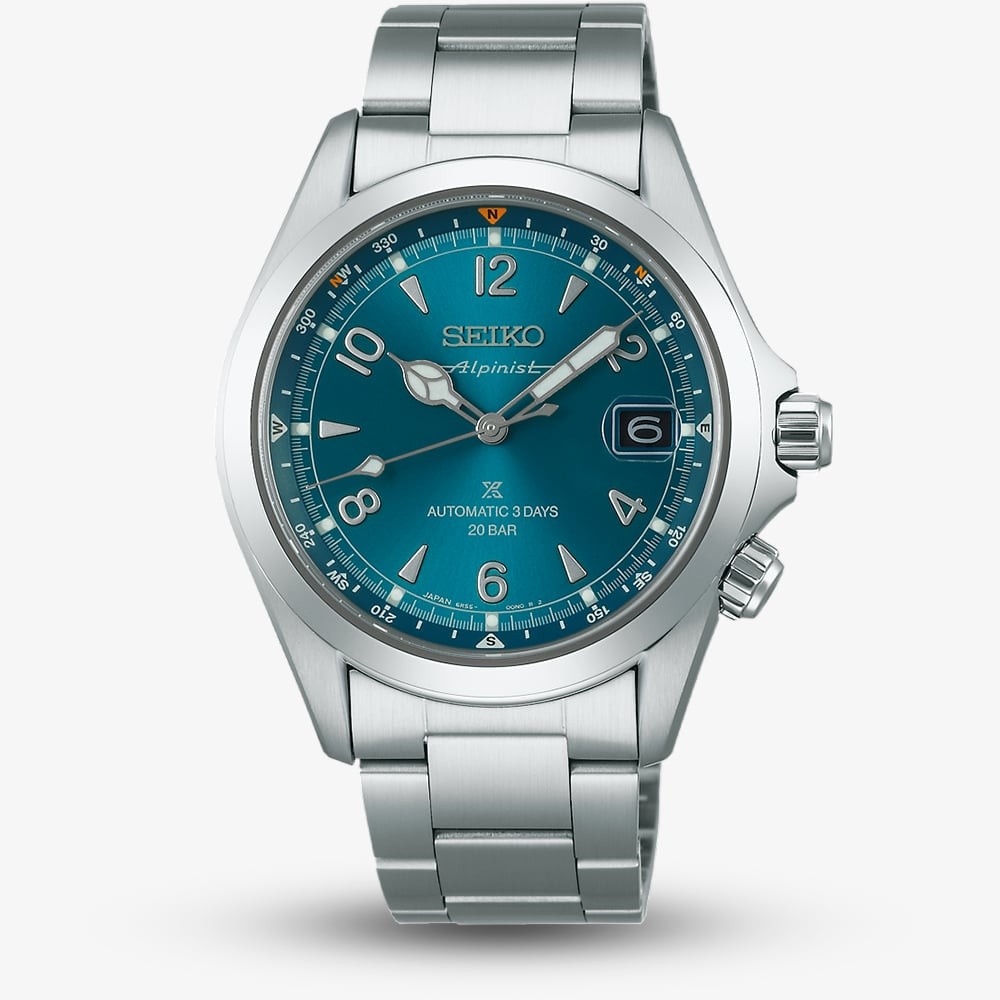 Seiko SPB503J1 Prospex Alpinist watch features a teal dial, stainless steel case and bracelet, luminous hands, date display, and a water resistance of 20 bar.