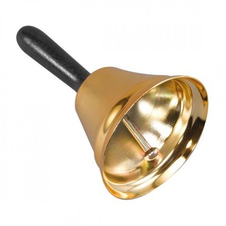 Gold bell with a shiny finish and a black wooden handle, designed as a fancy dress party accessory for Father Christmas or Santa Claus costumes.