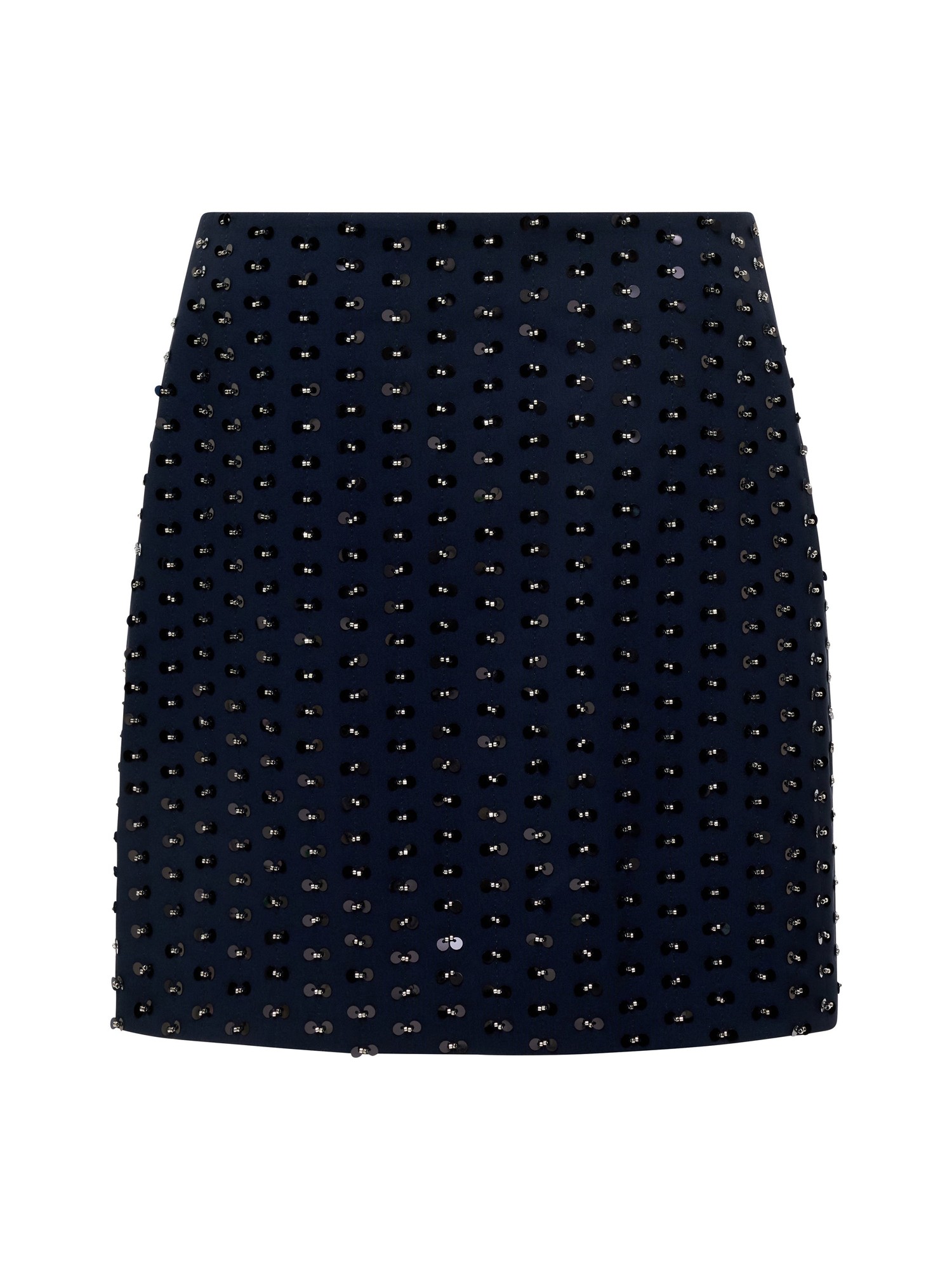 Navy mini skirt featuring a fitted silhouette, embellished with black sequins arranged in a grid pattern for a stylish, textured look.