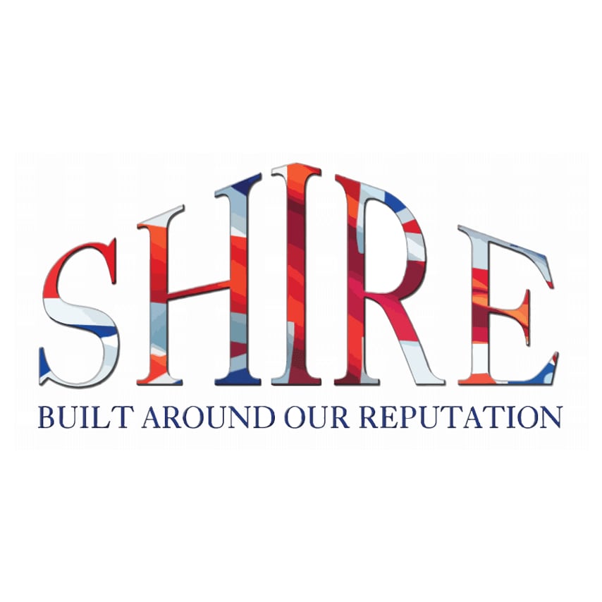 A colorful logo featuring the word "SHIRE" in bold letters, with a striped pattern in red, blue, and white, accompanied by the tagline "BUILT AROUND OUR REPUTATION" below.