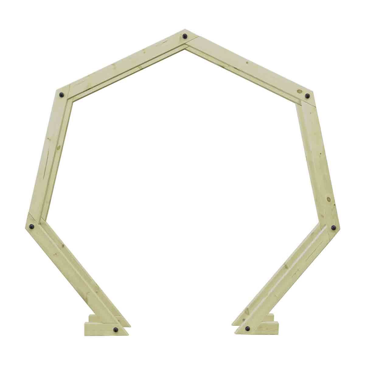 Brown hexagon-shaped moon gate made of wood, featuring a sturdy frame with angular supports and a smooth finish, ideal for garden entrances or decorative purposes.