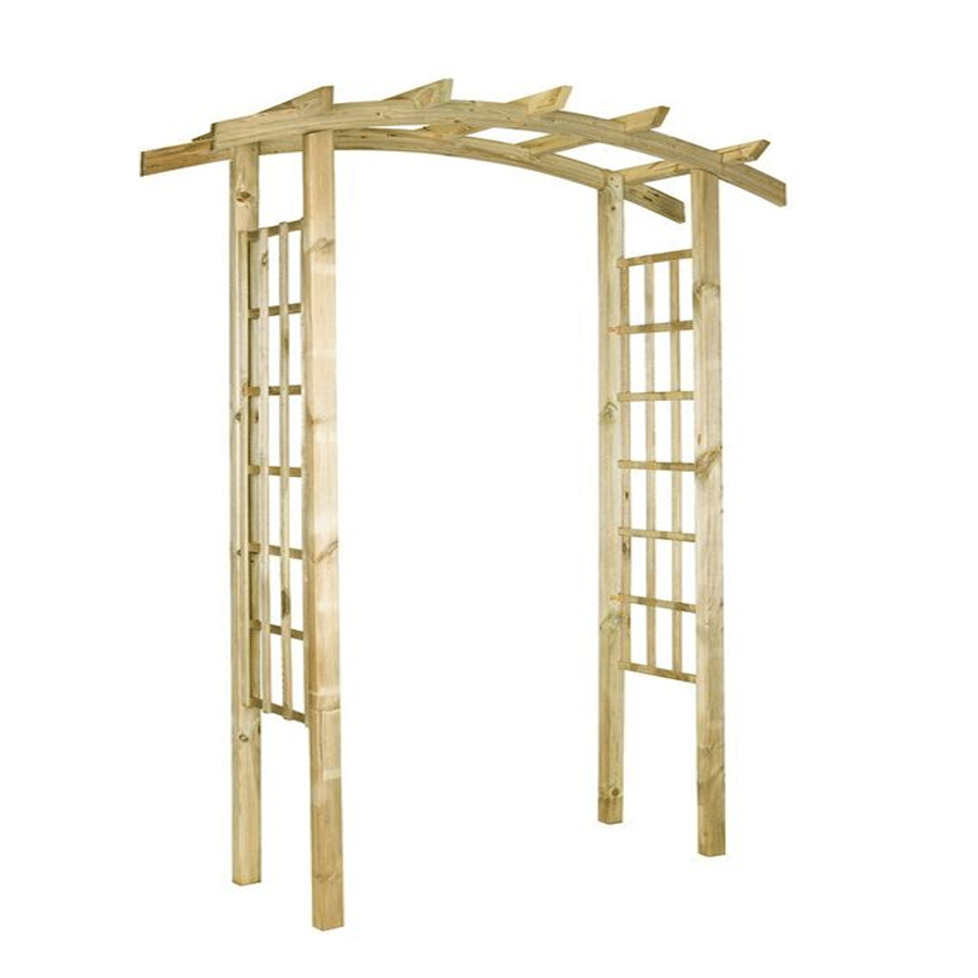Brown wooden bow top arch with a curved top and trellis sides, designed for gardens, featuring a natural finish and sturdy construction.