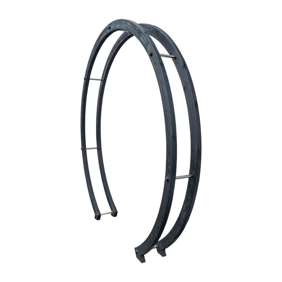 Free-standing black metal flower circle with a spike base, featuring two curved arches and horizontal support bars for stability, ideal for garden decoration.