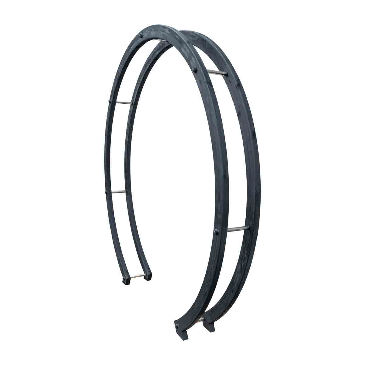 Black metal free-standing flower circle with a sleek design, featuring two curved arches and horizontal support bars, ideal for garden decoration or floral displays.