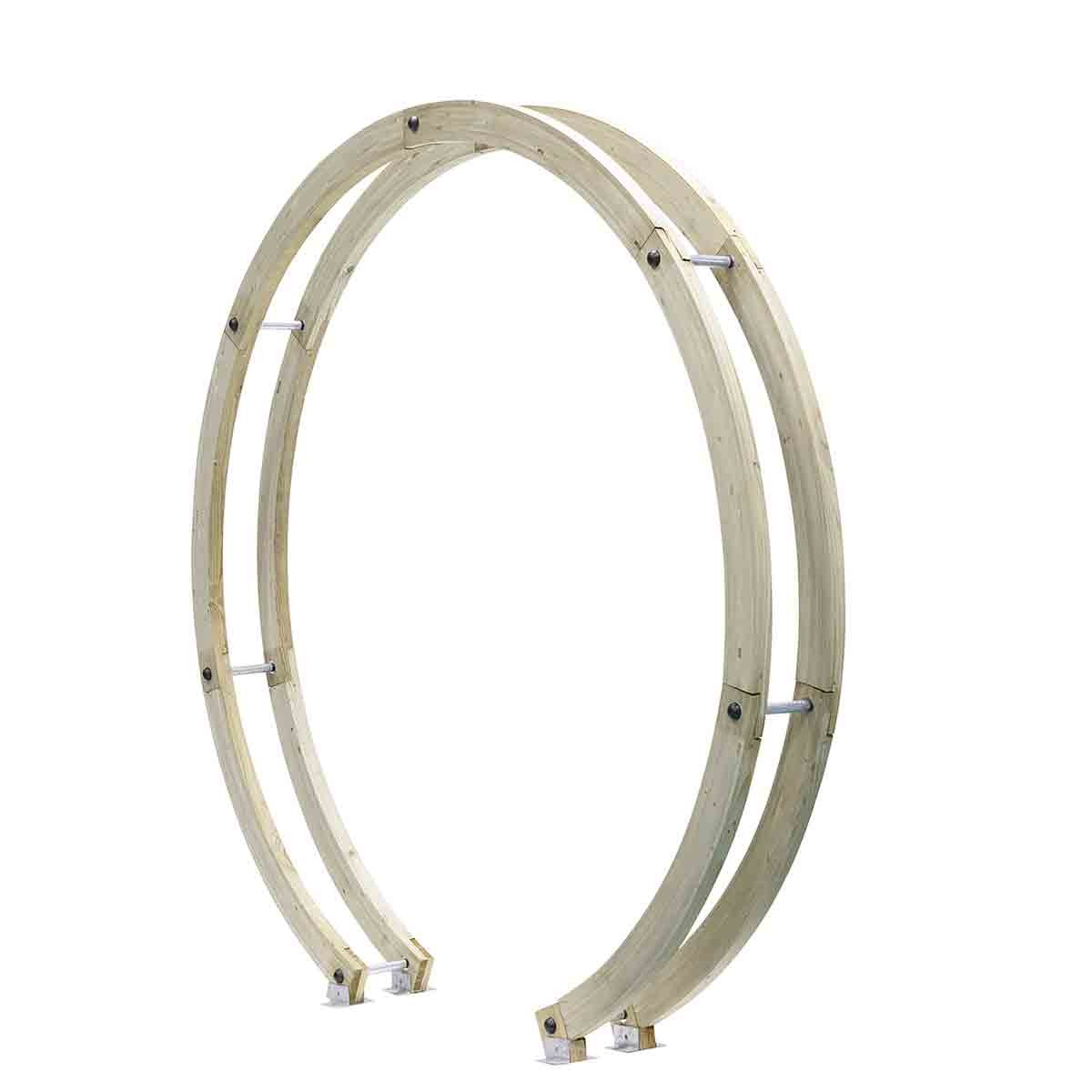 Free-standing flower circle made of clear wood with a natural finish, featuring a bolt-down bracket for stability and an elegant, minimalist design.