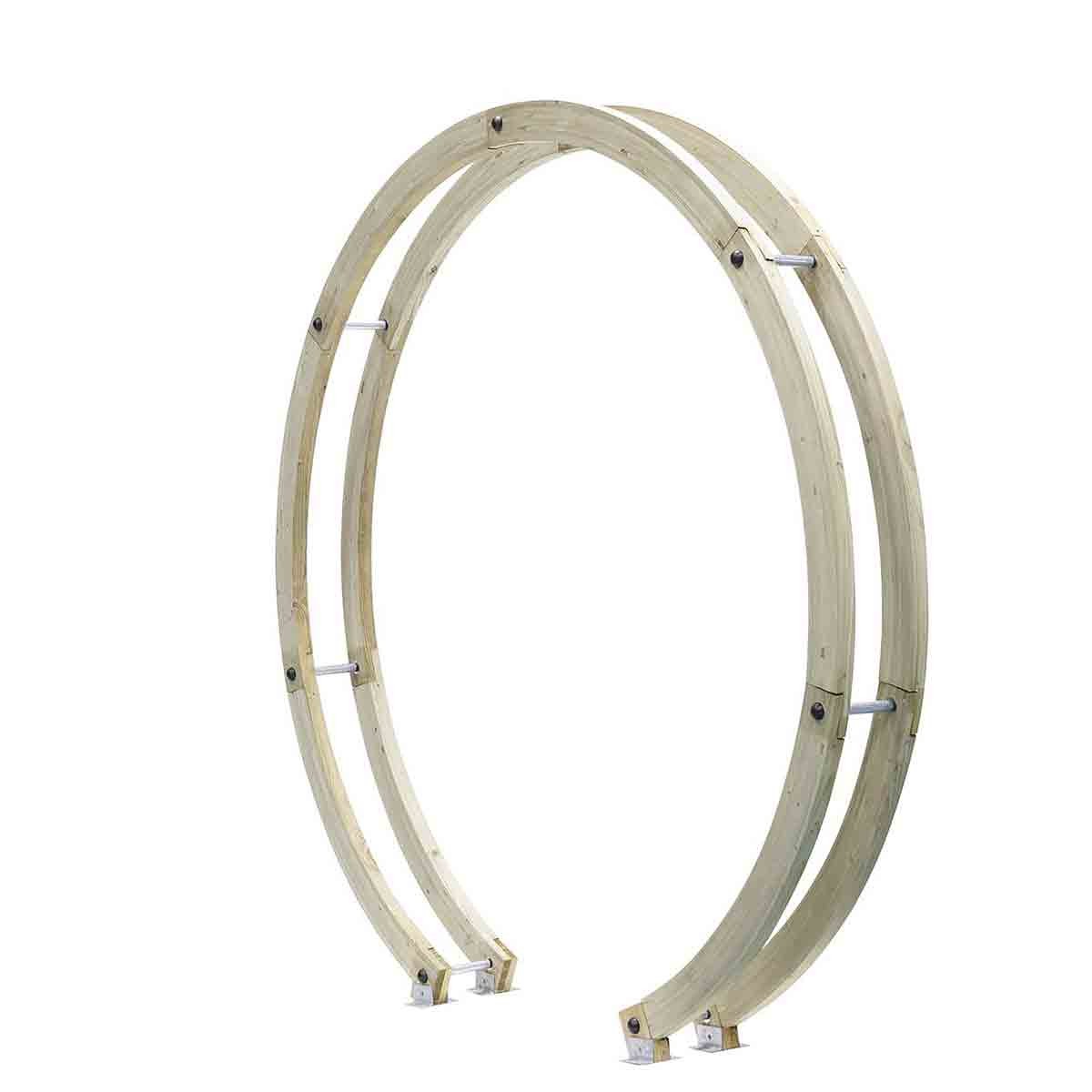 Brown wooden free-standing flower circle with a spike base, featuring two circular rings and metal connectors for stability, designed for garden decoration.