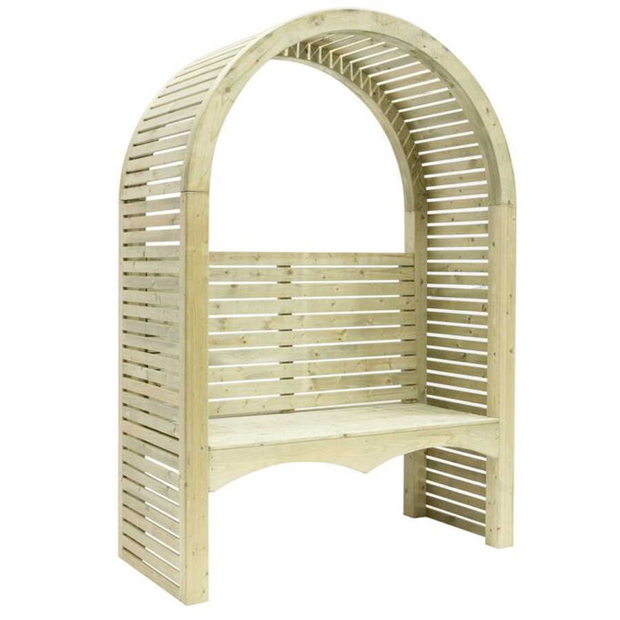 Contemporary arbour seat with an arched roof, featuring a slatted wooden design in natural wood tones, providing a stylish outdoor seating option.