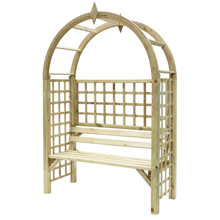 Montebello arched arbour garden seat made of natural wood, featuring a trellis design on the sides and a curved top, providing a decorative seating area for outdoor spaces.