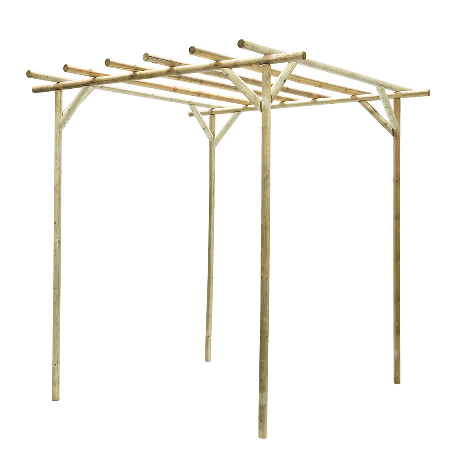 Brown wooden pergola with a rustic design, featuring a slatted roof supported by four sturdy vertical posts, ideal for outdoor spaces and garden settings.
