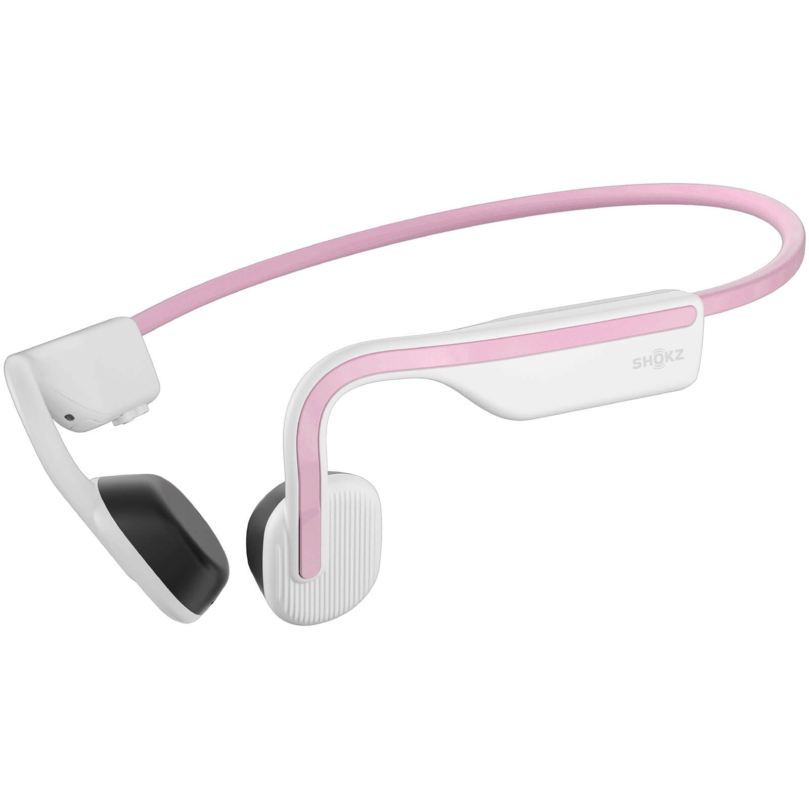 Pink and white Shokz OpenMove bone conduction headphones with an open-ear design, featuring a flexible band and textured ear pads for comfort during sports and lifestyle use.