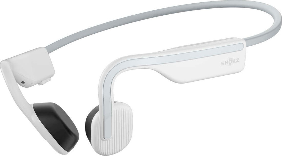White bone conduction headphones with a flexible gray band, featuring open-ear design, textured black ear pads, and subtle branding on the side.