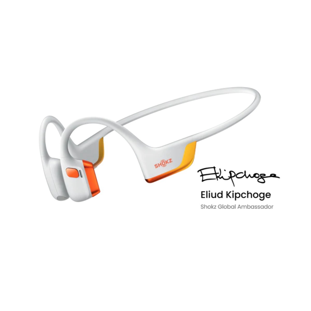 White bone-conducting headphones with an ergonomic design, featuring orange accents and a lightweight frame, ideal for comfortable, hands-free listening.