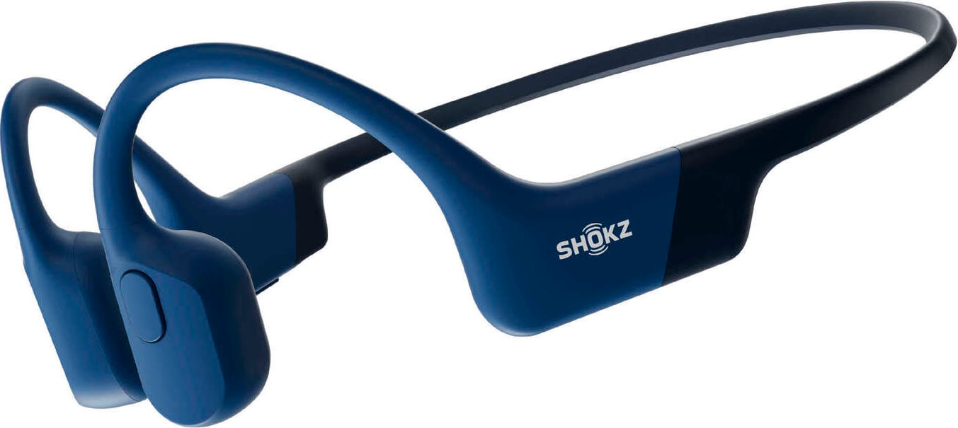 Blue bone conduction sports headphones with a lightweight design, featuring a flexible band and integrated controls, ideal for active use.