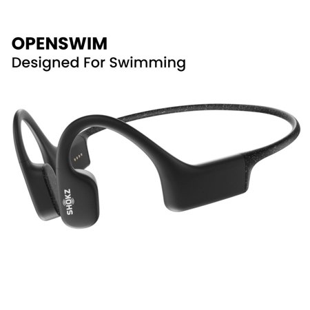 Black bone conduction swimming headphones with an open-ear design, featuring a flexible band and three indicator lights, designed for underwater use by SHOKZ.