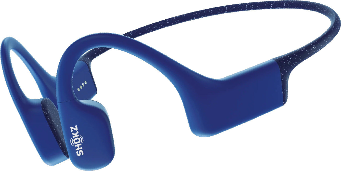 Blue bone conduction swimming headphones with an open-ear design, featuring a flexible band and waterproof materials, ideal for listening to music while swimming.