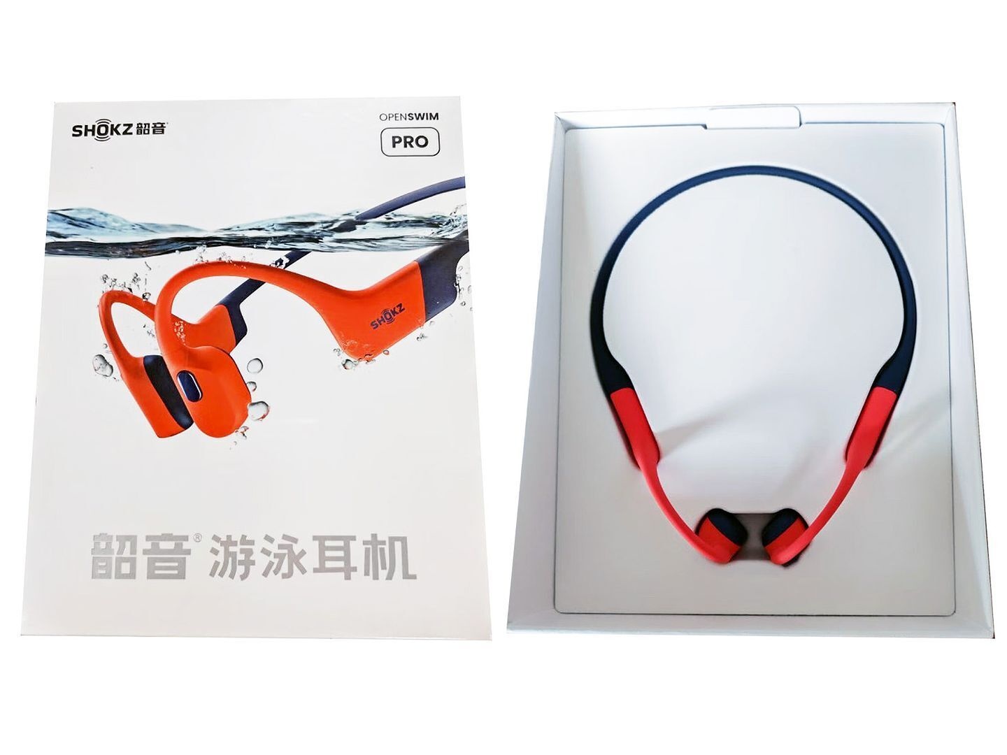 Red Bluetooth wireless waterproof headphones by SHOKZ, featuring a flexible neckband design, ergonomic ear tips, and a sleek, modern aesthetic, displayed in a white box.