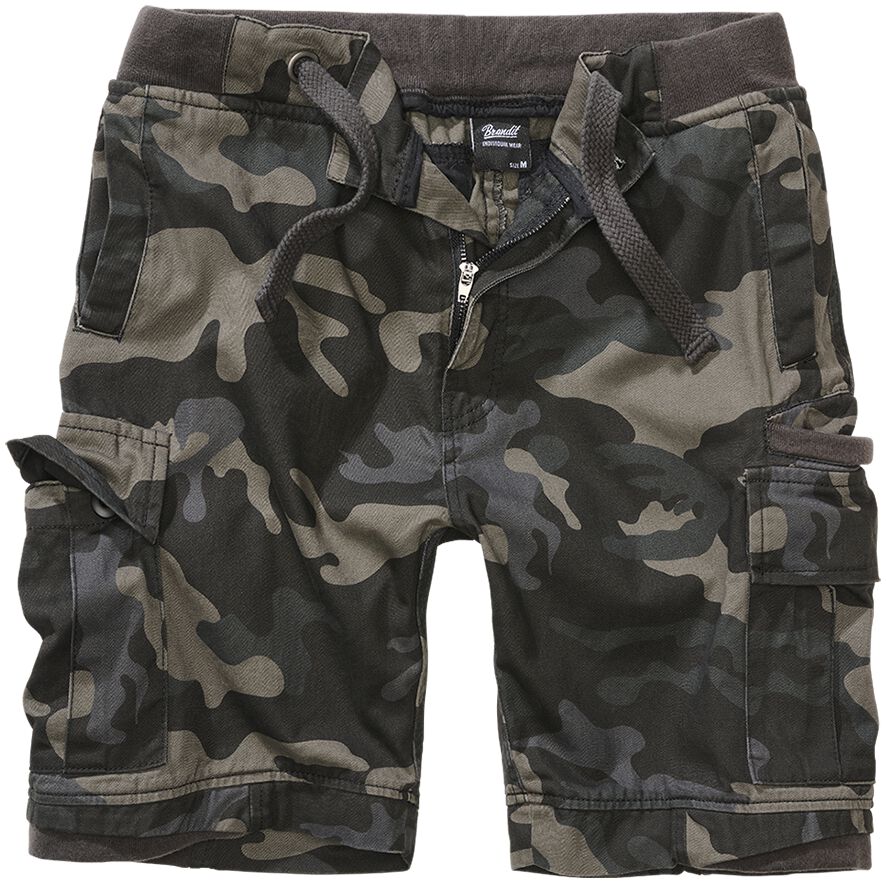 Multicolored cargo shorts in a camouflage pattern, featuring multiple pockets, an elastic waistband with drawstring, and made from durable cotton material, size M for men.