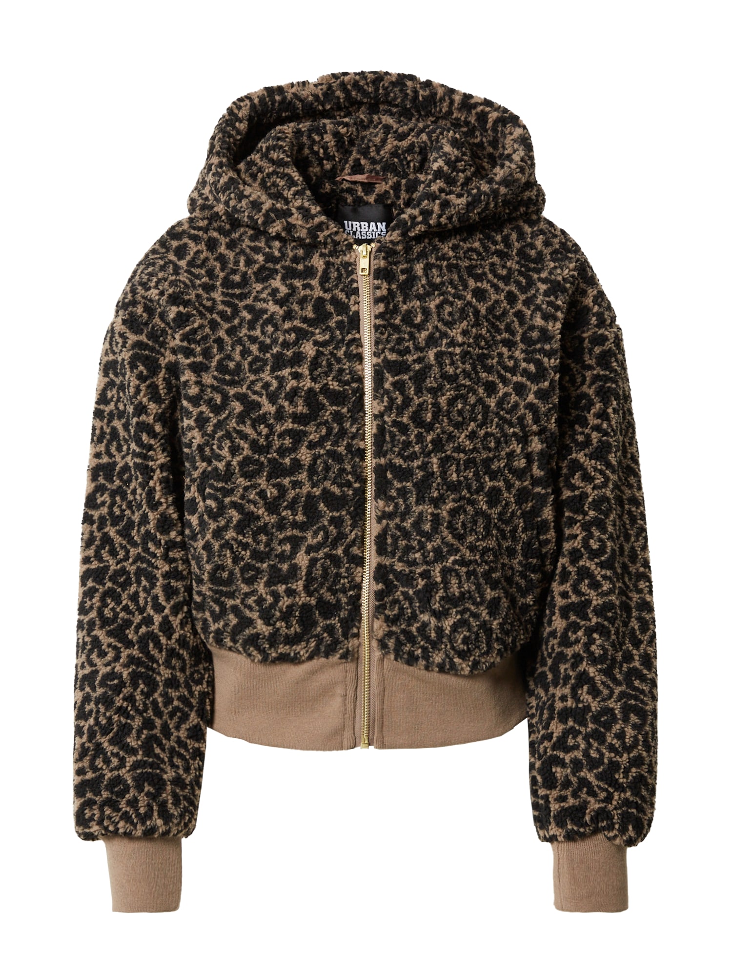 Urban Classics autumn and spring jacket in ash gray and black, featuring a soft, textured leopard print, zip closure, and a hood, with a fitted waistband.