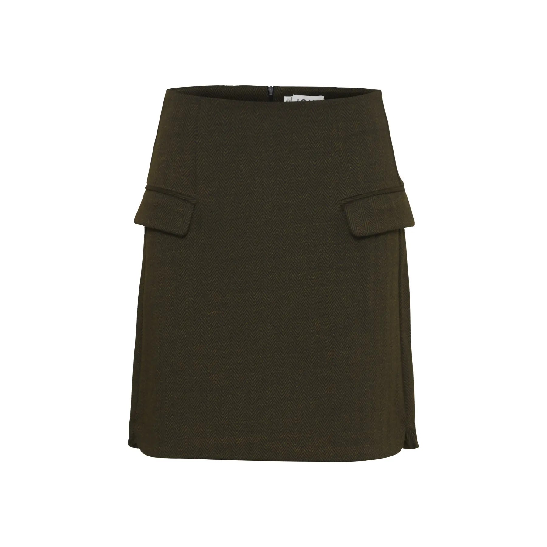 Short olive green jacquard skirt with a fitted silhouette, featuring two front pockets and a subtle texture, ideal for casual or semi-formal wear.