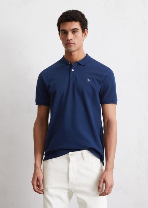 Marc O'Polo Short Sleeve Polo with Button Placket, Slits at the Hem, Embroidery on the Chest Marc O'Polo
