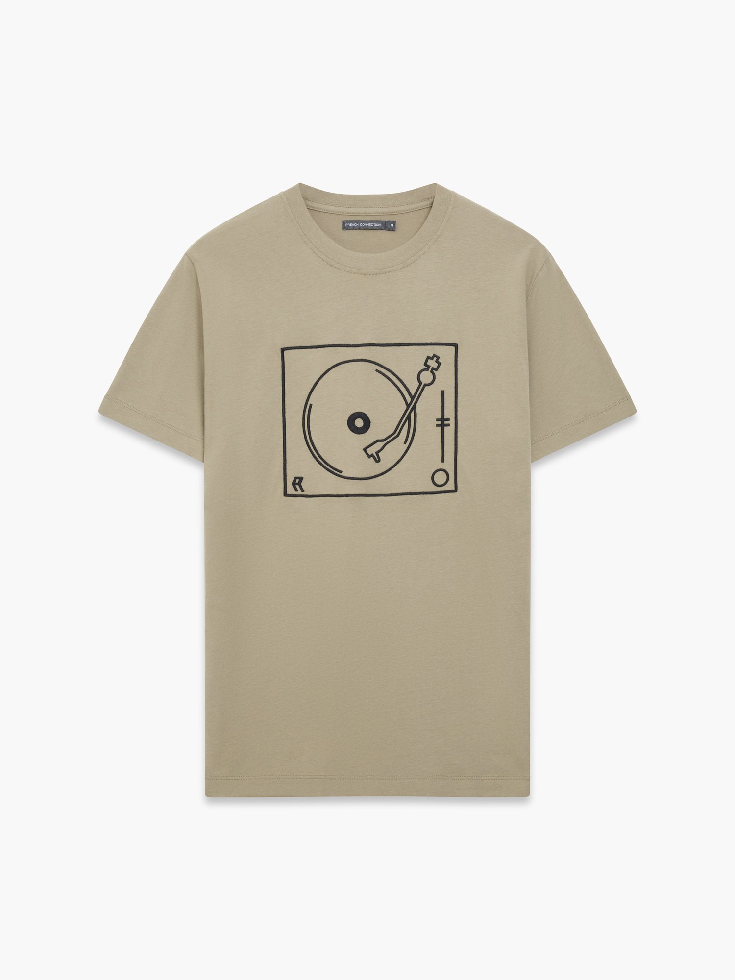Light khaki cotton t-shirt featuring a black embroidered turntable design on the front, with a classic crew neckline and short sleeves.