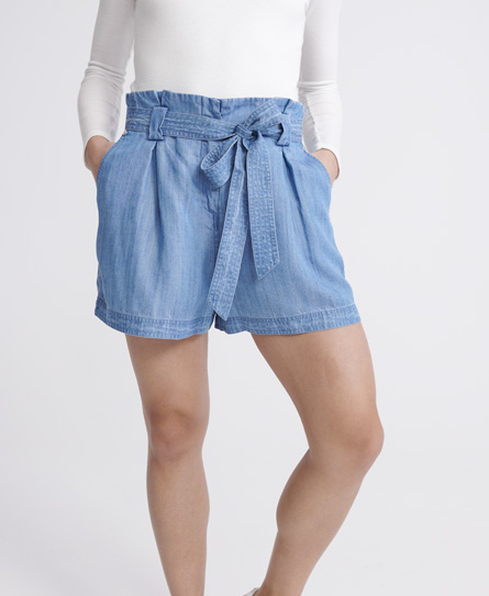 Light blue denim shorts with a gathered waist, featuring a tied belt, side pockets, and a relaxed fit, perfect for casual summer wear.