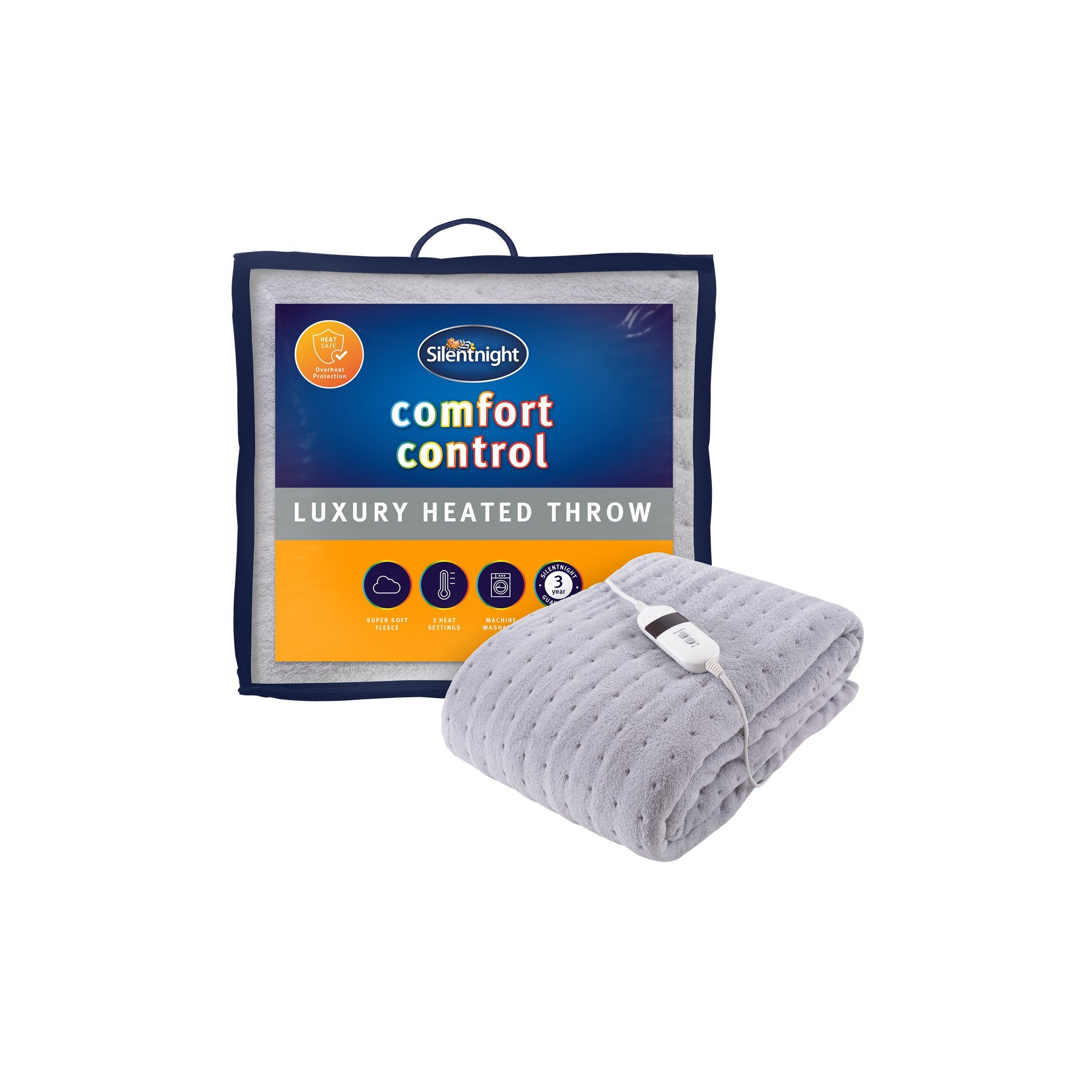 Soft grey heated throw blanket, measuring 120 x 160 cm, featuring 9 heat settings and a control panel, packaged in a blue and orange Silentnight branded bag.