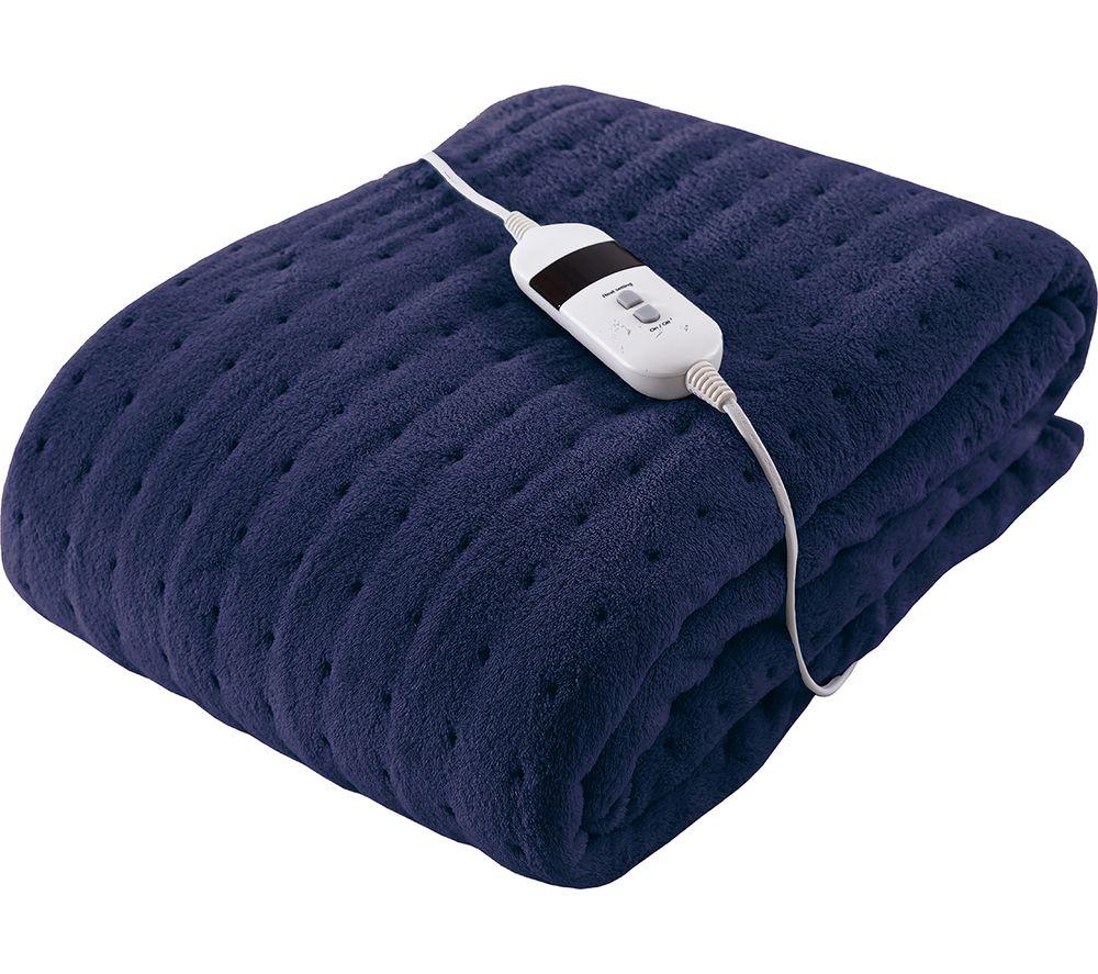 Navy heated throw blanket by Silentnight, measuring 160 x 120 cm, featuring a soft, plush material with a control panel for adjustable warmth.