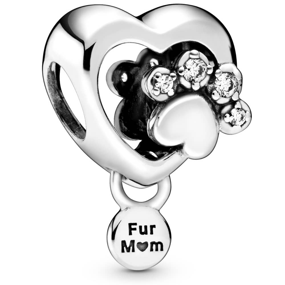 Sterling silver charm featuring a heart shape with a paw print, adorned with cubic zirconia accents and a small tag engraved with "Fur Mom."