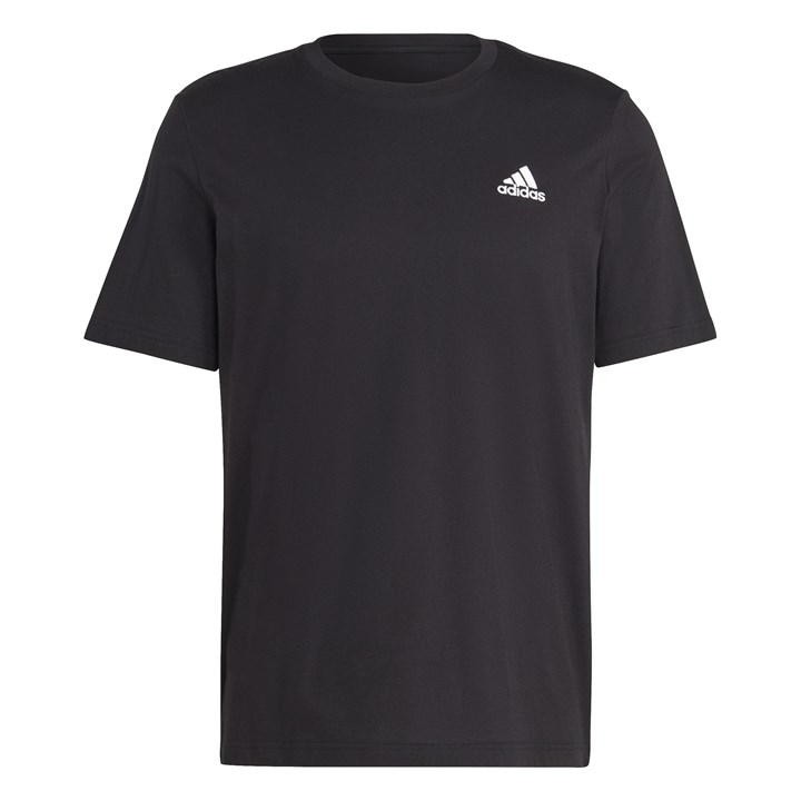 Black jersey T-shirt featuring a small white Adidas logo on the left chest, with a classic crew neck and short sleeves, made from soft, breathable fabric.