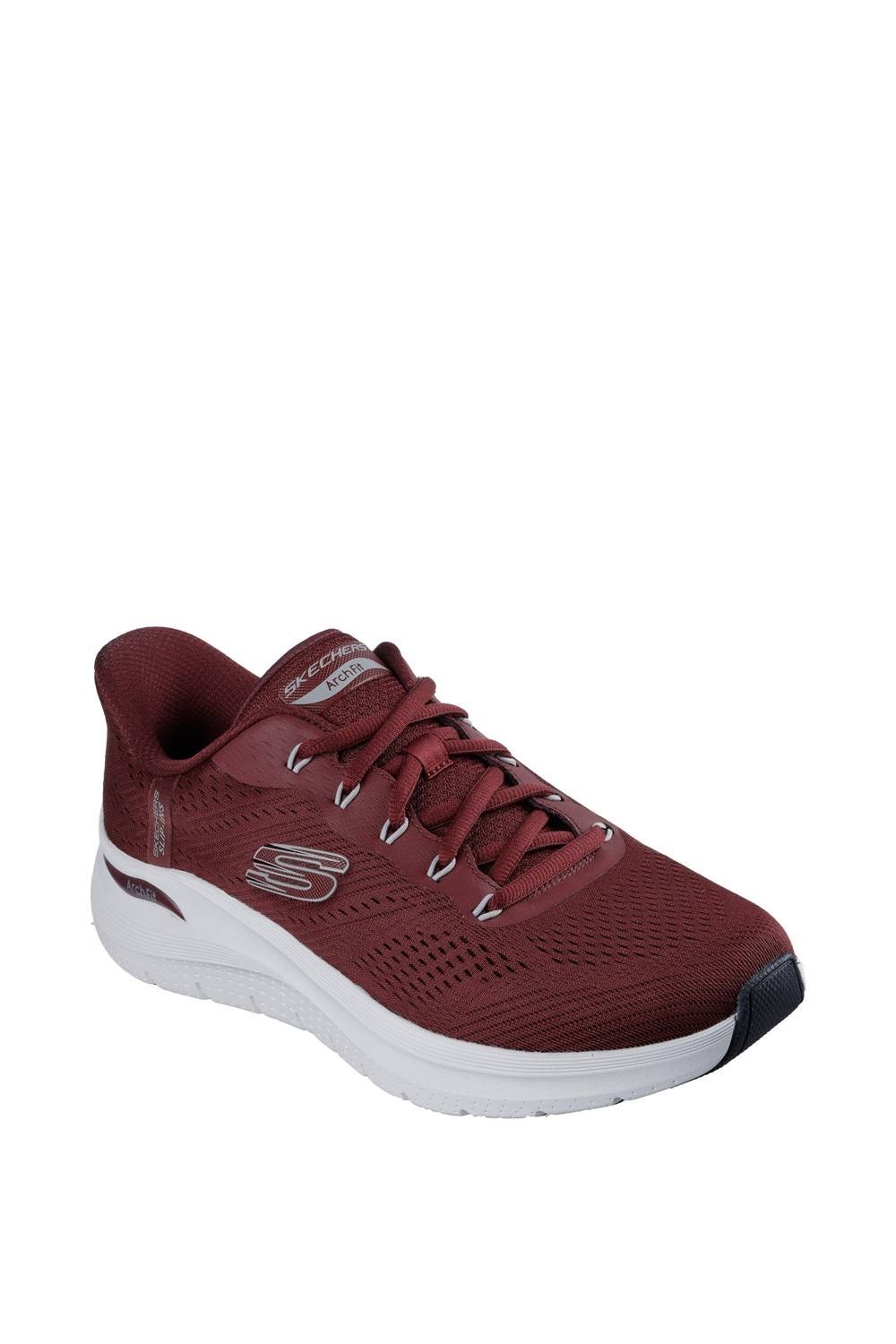 Burgundy Skechers Men Arch Fit 2.0 Lestur Trainer features a breathable mesh upper, cushioned sole, and lace-up design, available in size 6.