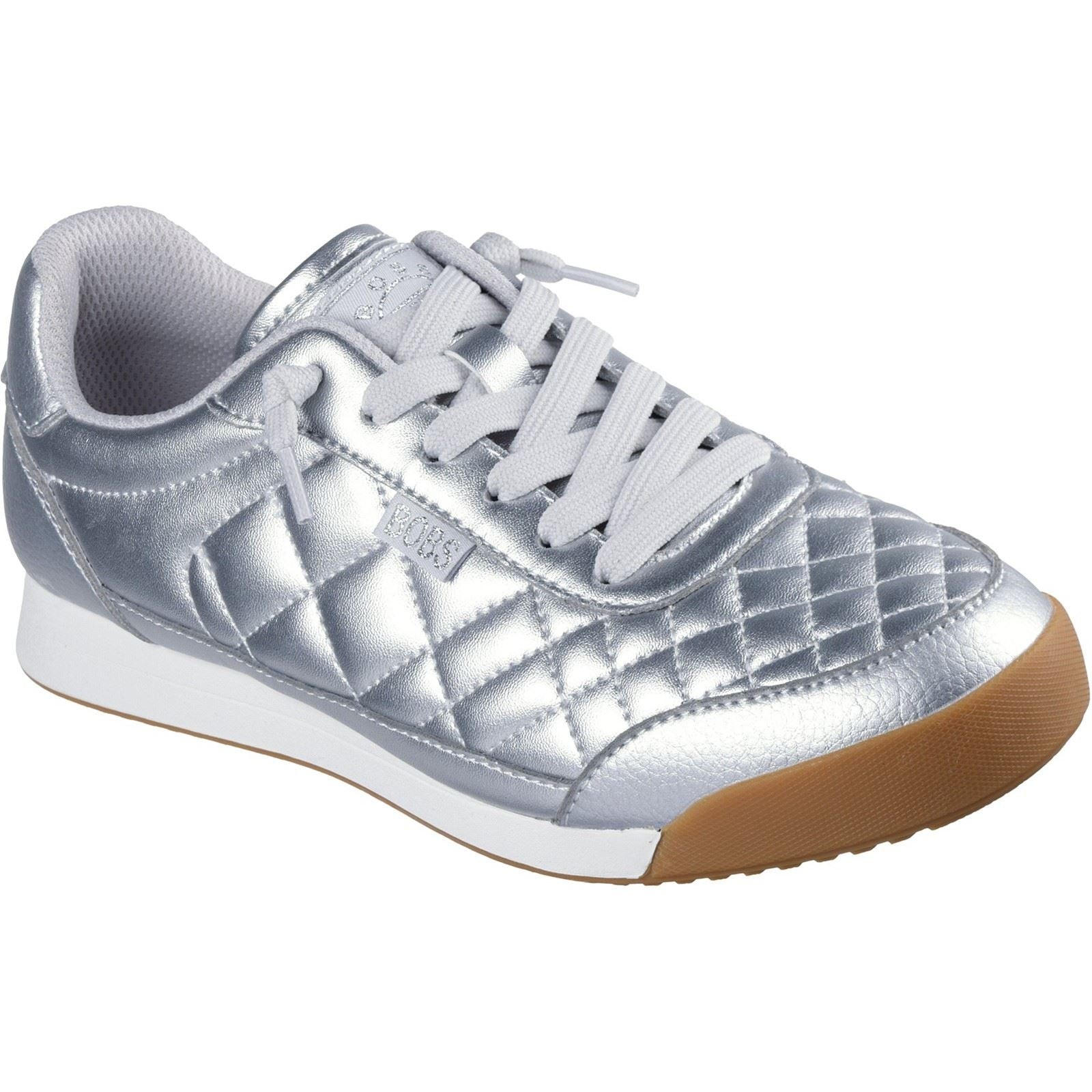Silver polyurethane trainers with a quilted design, featuring white laces and a gum rubber sole, ideal for comfort and style.