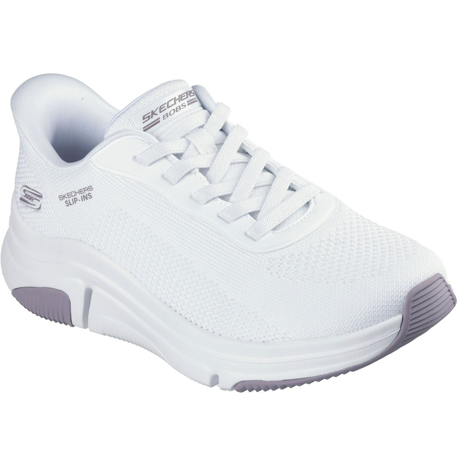 White Skechers Bobs Sparrow Flex Too You trainers featuring a breathable mesh upper, lace-up design, and a cushioned sole with a lavender accent on the outsole.