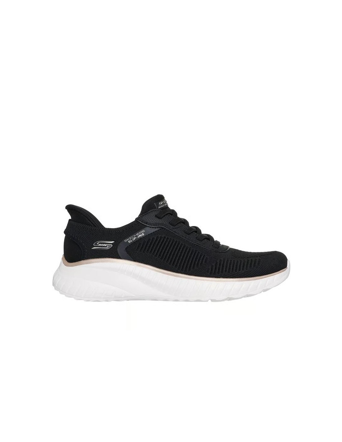 Black Skechers Bobs Sport Squad Chaos Shoe featuring a breathable mesh upper, lace-up design, and a cushioned white sole for comfort and support.