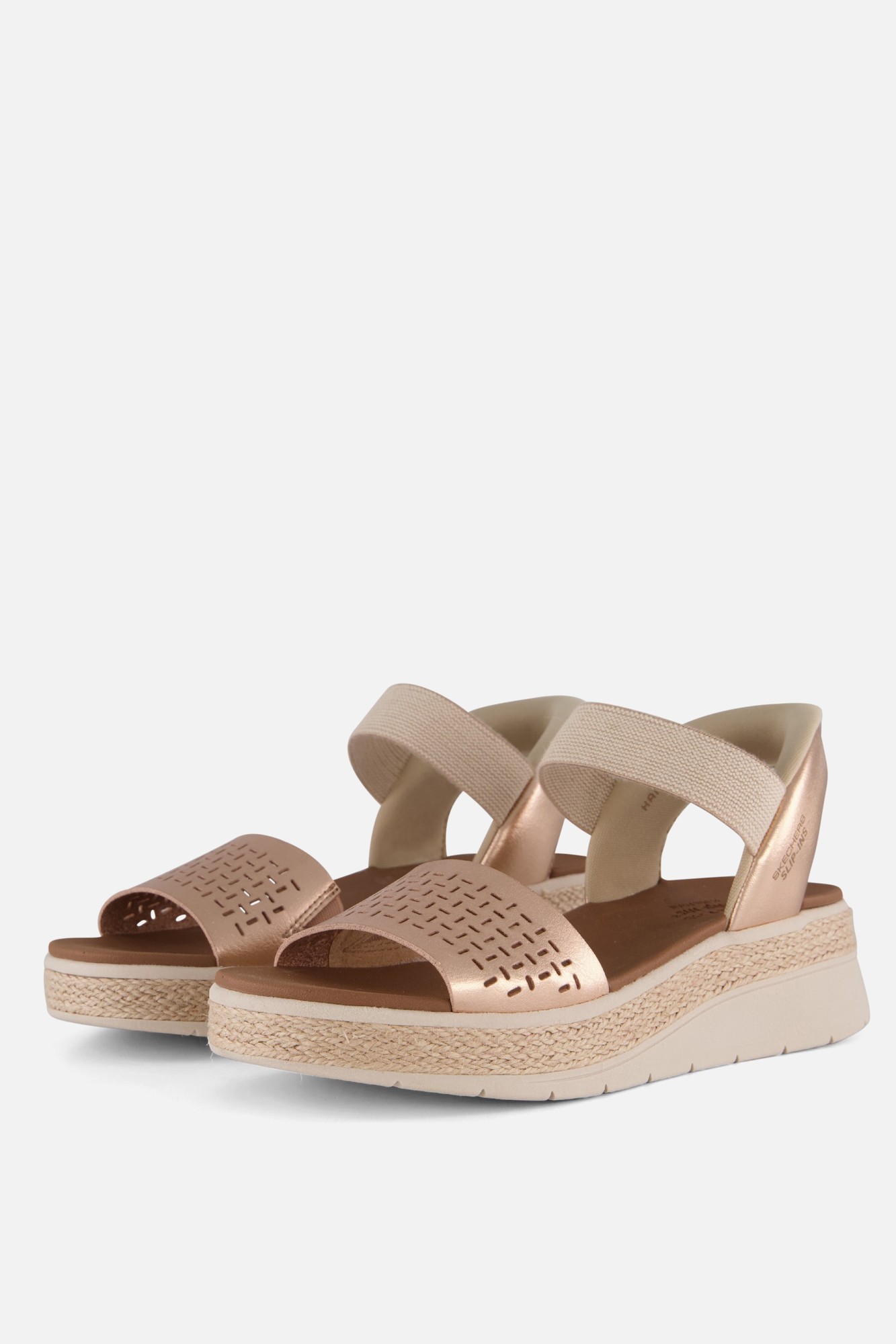 Rose gold perforated Duraleather sandals with wide elastic straps and a cushioned footbed, featuring a lightweight wedge sole for comfort.