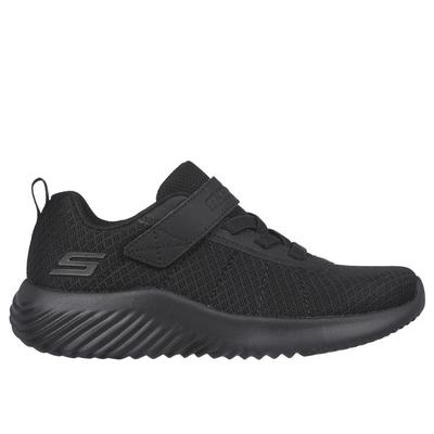 Black Skechers Bounder Baronik trainers featuring a textile upper, adjustable strap, and textured sole for enhanced grip and comfort.