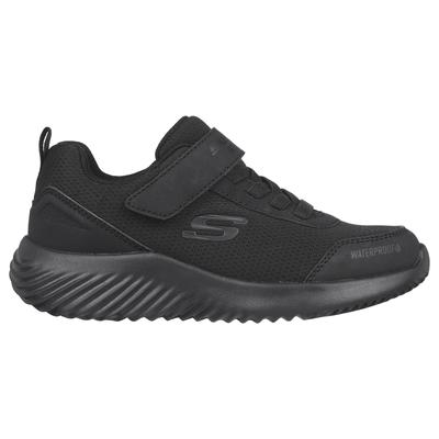 Black synthetic junior trainers with a textured upper, featuring a Velcro strap and lace closure, designed for comfort and durability with a cushioned sole.