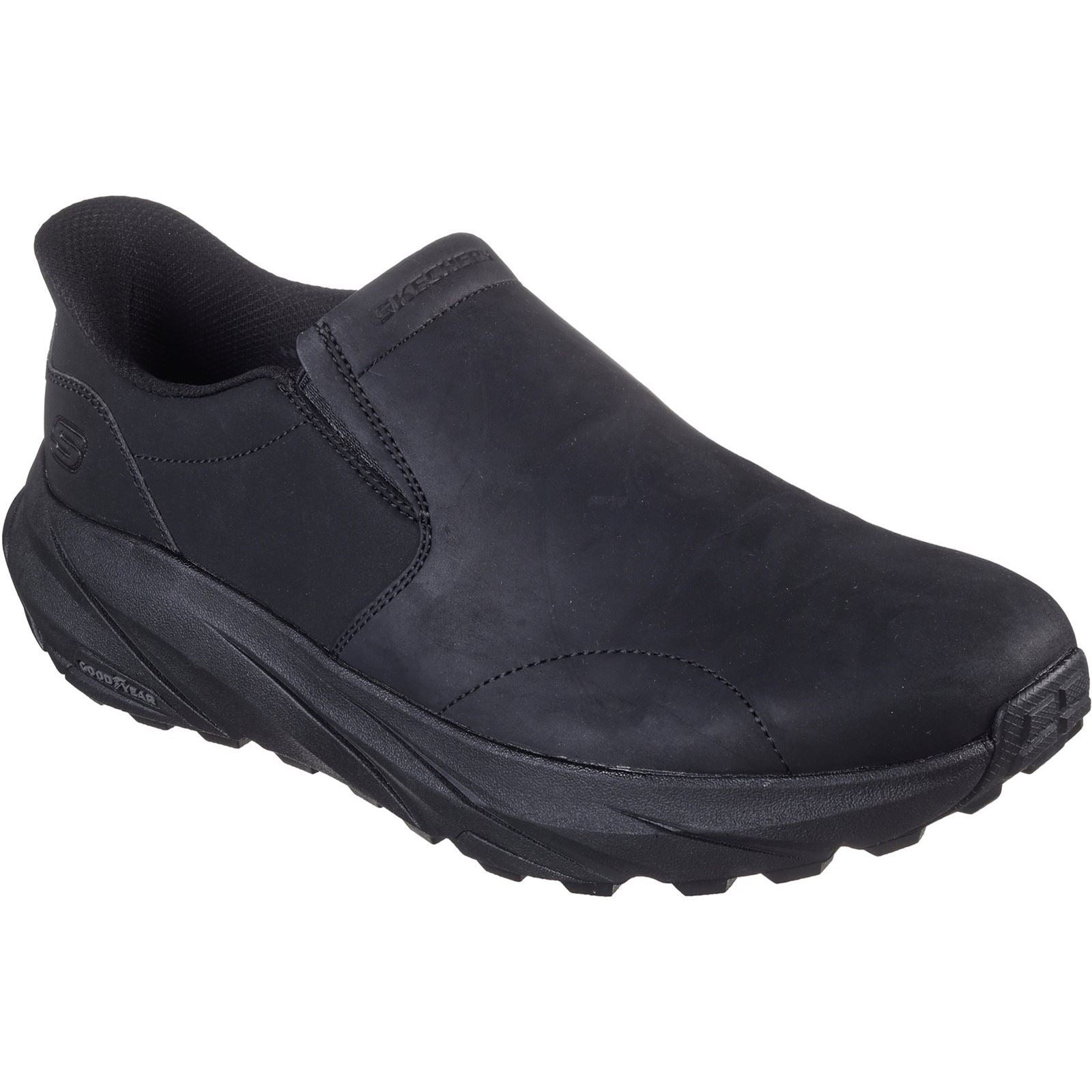Black leather loafers by Skechers featuring a slip-on design, cushioned insole, and textured rubber sole for enhanced grip and comfort.