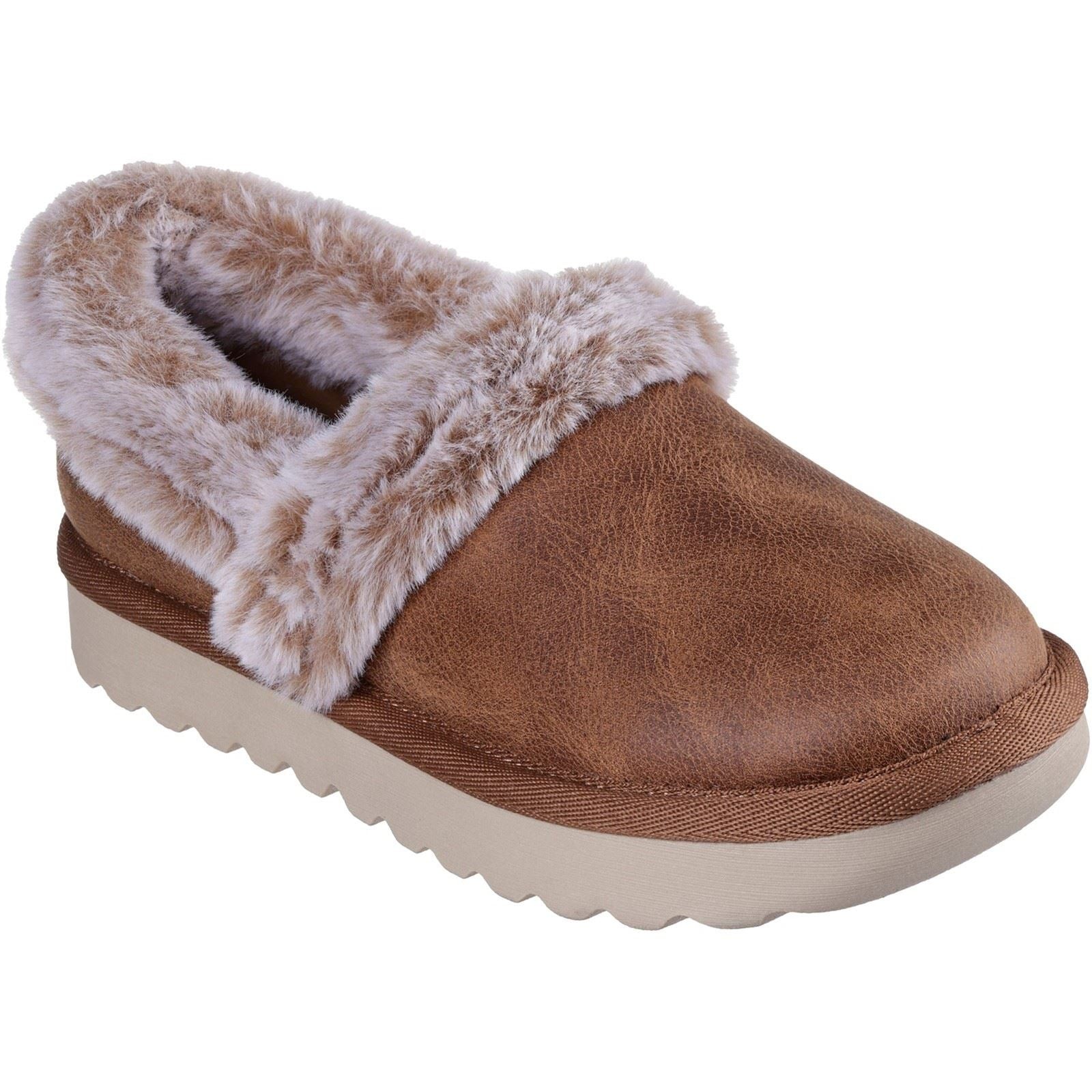 Tan A-line slipper with a soft faux fur collar and memory foam insole, featuring a textured brown upper and a durable beige outsole.