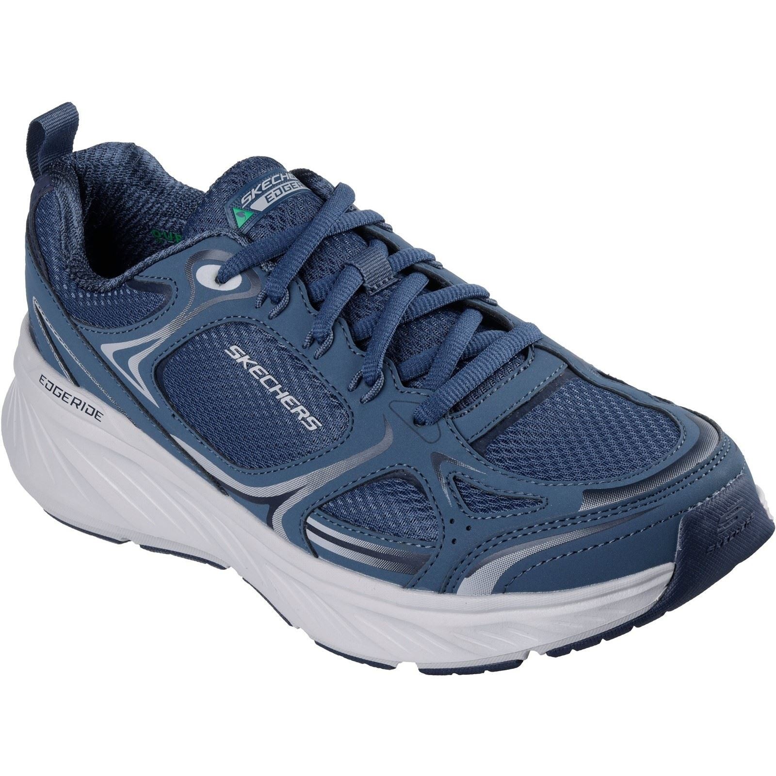 Men's Skechers Edgeride Exodis trainers in slate blue, featuring a breathable mesh upper, cushioned sole, and contrasting white midsole for added support and style.