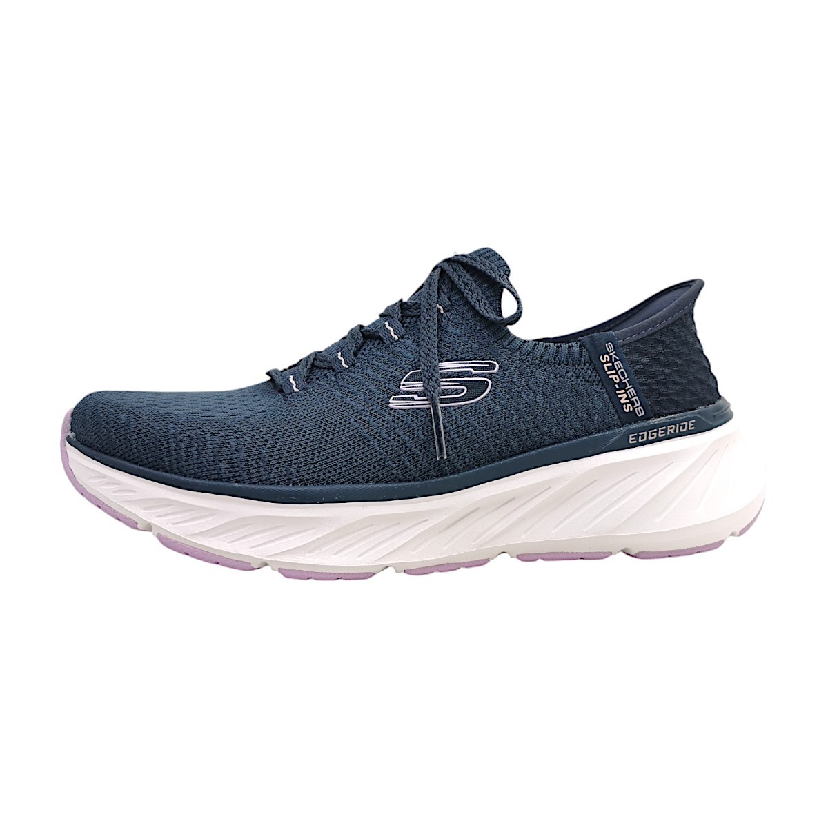 Navy and lavender Skechers Edgeride Impression Textile trainers featuring a breathable mesh upper, cushioned sole, and a prominent logo on the side.